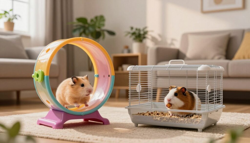 A cozy living room scene featuring a Syrian hamster and a Dzungarian hamster in their respective cages, showcasing the contrasting traits of each breed. In the foreground, a brightly colored hamster wheel is displayed with the Syrian hamster energetically running on it, while the Dzungarian hamster is seen munching on a tiny snack in its cage. The middle ground features a stylish, minimalist room adorned with houseplants and modern furniture, creating a warm and inviting atmosphere. In the background, soft lighting from a nearby window casts gentle shadows, enhancing the peaceful mood. The composition is framed with a shallow depth of field to focus on the hamsters and their habitats, emphasizing their suitability as pets for various lifestyles. A cozy living room scene featuring a Syrian hamster and a Dzungarian hamster in their respective cages, showcasing the contrasting traits of each breed. In the foreground, a brightly colored hamster wheel is displayed with the Syrian hamster energetically running on it, while the Dzungarian hamster is seen munching on a tiny snack in its cage. The middle ground features a stylish, minimalist room adorned with houseplants and modern furniture, creating a warm and inviting atmosphere. In the background, soft lighting from a nearby window casts gentle shadows, enhancing the peaceful mood. The composition is framed with a shallow depth of field to focus on the hamsters and their habitats, emphasizing their suitability as pets for various lifestyles.