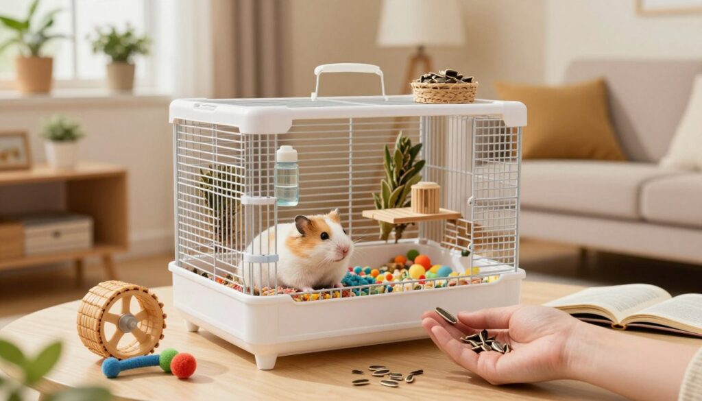A cozy living room scene featuring a Syrian hamster in a chic, well-maintained cage, with various accessories scattered around, like a tiny wheel, colorful bedding, and chew toys. In the foreground, a hand gently offers a sunflower seed to the hamster. The middle layer showcases the brightly decorated cage filled with natural materials and a small water bottle. In the background, a warm, inviting room with soft lighting, houseplants on windowsills, and an open book on a nearby table. The atmosphere is friendly and relaxed, capturing the essence of hamster care and domestic life. The lighting is soft and warm, enhancing the sense of comfort and home. A cozy living room scene featuring a Syrian hamster in a chic, well-maintained cage, with various accessories scattered around, like a tiny wheel, colorful bedding, and chew toys. In the foreground, a hand gently offers a sunflower seed to the hamster. The middle layer showcases the brightly decorated cage filled with natural materials and a small water bottle. In the background, a warm, inviting room with soft lighting, houseplants on windowsills, and an open book on a nearby table. The atmosphere is friendly and relaxed, capturing the essence of hamster care and domestic life. The lighting is soft and warm, enhancing the sense of comfort and home.