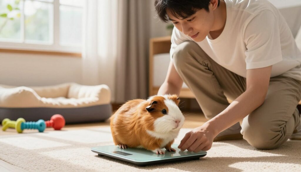 A cozy living room scene featuring a pet owner gently weighing their fluffy guinea pig on a digital scale. In the foreground, the guinea pig sits calmly on the scale, its fur a rich blend of caramel and white. The owner, a young adult dressed in modest casual clothing, is crouched beside the scale with a focused yet caring expression. In the middle ground, colorful pet supplies like chew toys and a soft bedding area can be seen, hinting at a well-loved pet environment. The background features a sunny window with sheer curtains, allowing warm, natural light to illuminate the scene, creating a cheerful and nurturing atmosphere. The overall mood is attentive and loving, emphasizing responsible pet care. A cozy living room scene featuring a pet owner gently weighing their fluffy guinea pig on a digital scale. In the foreground, the guinea pig sits calmly on the scale, its fur a rich blend of caramel and white. The owner, a young adult dressed in modest casual clothing, is crouched beside the scale with a focused yet caring expression. In the middle ground, colorful pet supplies like chew toys and a soft bedding area can be seen, hinting at a well-loved pet environment. The background features a sunny window with sheer curtains, allowing warm, natural light to illuminate the scene, creating a cheerful and nurturing atmosphere. The overall mood is attentive and loving, emphasizing responsible pet care.