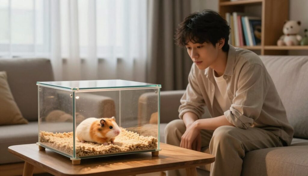 A cozy living room scene showcasing a calm atmosphere suitable for taming a Dzungarian hamster. In the foreground, a small wooden table holds a delicate glass habitat with a softly lit enclosure, where a fluffy Dzungarian hamster explores a bed of soft bedding. Beside the habitat, a person with gentle, modest clothing sits quietly on a couch, watching attentively while leaning slightly forward to show interest without imposing. The middle ground features warm, natural lighting filtering through sheer curtains, creating a serene ambiance. In the background, a bookcase filled with pet care books and soft plush toys enhances the tranquil environment. The overall mood is peaceful and inviting, capturing the essence of a nurturing space perfect for welcoming a new pet home.