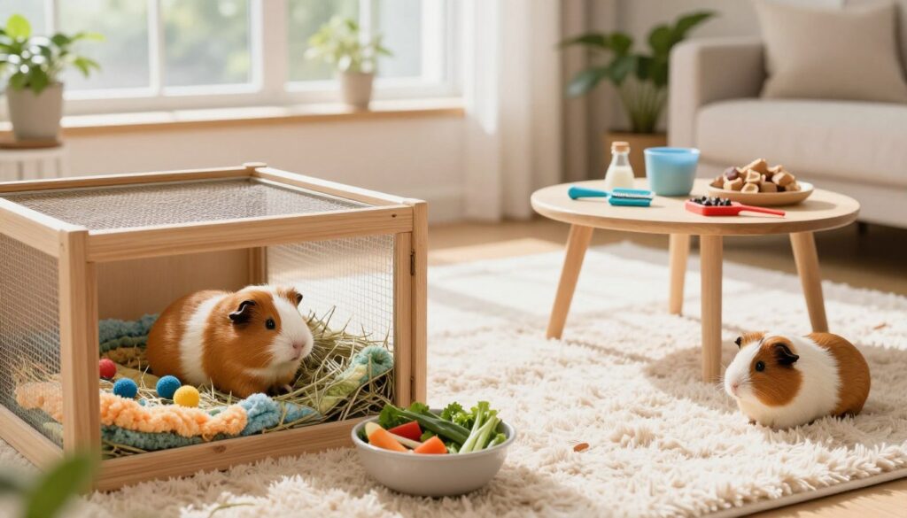 A cozy living space showcasing the monthly maintenance of a guinea pig. In the foreground, a wooden enclosure with soft, colorful bedding and a variety of chew toys. A bowl filled with fresh vegetables and hay illustrates their diet. In the middle ground, a soft, plush carpet adds warmth, with a small table displaying accessories like grooming tools and treats neatly arranged. The background features a sunny window with light streaming in, casting gentle shadows, with potted plants adding a touch of nature. The atmosphere feels inviting and nurturing, perfect for a pet lover's home. The scene should be bright and cheerful, evoking a sense of care and attention to the little creature's needs. A cozy living space showcasing the monthly maintenance of a guinea pig. In the foreground, a wooden enclosure with soft, colorful bedding and a variety of chew toys. A bowl filled with fresh vegetables and hay illustrates their diet. In the middle ground, a soft, plush carpet adds warmth, with a small table displaying accessories like grooming tools and treats neatly arranged. The background features a sunny window with light streaming in, casting gentle shadows, with potted plants adding a touch of nature. The atmosphere feels inviting and nurturing, perfect for a pet lover's home. The scene should be bright and cheerful, evoking a sense of care and attention to the little creature's needs.