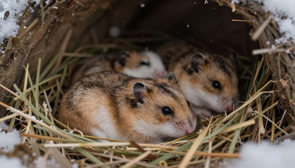 A cozy, natural setting depicting a few sleeping hamsters nestled in their bedding within a burrow, showcasing the concept of hibernation. In the foreground, a close-up of a hamster curled up, highlighting its soft fur and peaceful expression. In the middle ground, a well-constructed nest of dry grass and leaves surrounds them, suggesting warmth and shelter. The background features dim, soft lighting that mimics the quiet of winter, with faint snowflakes falling outside the burrow entrance. The scene conveys a calm, serene atmosphere, capturing the essence of hibernation and the differences between hibernation and torpor. The image should use a shallow depth of field to focus on the hamsters while subtly blurring the background for emphasis. A cozy, natural setting depicting a few sleeping hamsters nestled in their bedding within a burrow, showcasing the concept of hibernation. In the foreground, a close-up of a hamster curled up, highlighting its soft fur and peaceful expression. In the middle ground, a well-constructed nest of dry grass and leaves surrounds them, suggesting warmth and shelter. The background features dim, soft lighting that mimics the quiet of winter, with faint snowflakes falling outside the burrow entrance. The scene conveys a calm, serene atmosphere, capturing the essence of hibernation and the differences between hibernation and torpor. The image should use a shallow depth of field to focus on the hamsters while subtly blurring the background for emphasis.