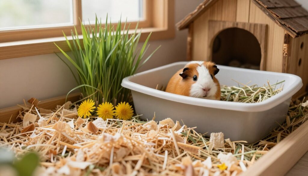 A cozy, natural setting showcasing various types of bedding suitable for guinea pigs. In the foreground, display a soft mix of aspen shavings and paper bedding, emphasizing their texture and color. In the middle ground, include a clean corner litter box filled with hay, alongside some vibrant green grass and a few dandelions, symbolizing a healthy environment. The background should feature a softly lit, inviting habitat space, with wooden elements like a small, rustic hut and a gentle, warm light filtering through a window, evoking a serene atmosphere. Capture the scene from a slightly elevated angle to give a comprehensive view, focusing on the comfort and hygiene aspects that represent the ideal bedding choices for guinea pigs.