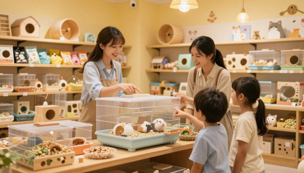 A cozy pet shop interior featuring a well-organized display of small animal habitats. In the foreground, a wooden counter displays various hamster supplies, such as cages and food. A friendly shopkeeper, dressed in smart casual attire, interacts with a young family, pointing towards a cage containing playful hamsters. The middle ground displays shelves stocked with pet accessories, intricate hamster wheels, and colorful bedding. In the background, a warm glow from hanging lights creates a welcoming atmosphere, enhancing the lively feel of the shop. Soft focus on the hamster in the cage, highlighting its playful nature, while the room is adorned with cute pet-themed decorations. Warm yellow lighting casts a gentle glow throughout the scene, evoking a cheerful and inviting mood.