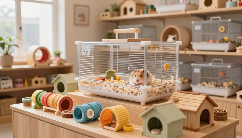A cozy pet shop interior showcasing a variety of hamster accessories. In the foreground, display a colorful assortment of chew toys, tunnels, and small hideouts, all neatly arranged on a cozy display table. In the middle, a well-lit hamster cage with clear glass panels reveals an active hamster exploring its environment, with bedding and food dishes visible. The background features shelves lined with additional accessories like exercise wheels and cages of different sizes, illuminated by soft, natural light streaming through a nearby window. The scene conveys a warm and inviting atmosphere, emphasizing the importance of thoughtful pet care and the joy of creating an ideal habitat for hamsters. The image is well-composed with a focus on the interaction between the items, creating an engaging visual narrative. A cozy pet shop interior showcasing a variety of hamster accessories. In the foreground, display a colorful assortment of chew toys, tunnels, and small hideouts, all neatly arranged on a cozy display table. In the middle, a well-lit hamster cage with clear glass panels reveals an active hamster exploring its environment, with bedding and food dishes visible. The background features shelves lined with additional accessories like exercise wheels and cages of different sizes, illuminated by soft, natural light streaming through a nearby window. The scene conveys a warm and inviting atmosphere, emphasizing the importance of thoughtful pet care and the joy of creating an ideal habitat for hamsters. The image is well-composed with a focus on the interaction between the items, creating an engaging visual narrative.