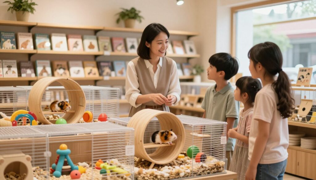A cozy pet store interior featuring a welcoming atmosphere, showcasing a dedicated area for dwarf hamsters. In the foreground, a well-organized display of vibrant hamster cages and accessories, including plush bedding and colorful chew toys. A small, healthy Dzungarian hamster is playfully climbing on a wooden wheel, capturing the attention of potential buyers. In the middle, a knowledgeable store employee wearing a smart-casual outfit is happily interacting with a family, discussing the importance of purchasing from reputable breeders versus pet shops. The background features soft shelves lined with pet care books and a warmly lit environment, creating a friendly and informative shopping experience. The lighting is warm and inviting, with a focus on natural daylight pouring in from a window, enhancing the feel of a friendly community pet store.