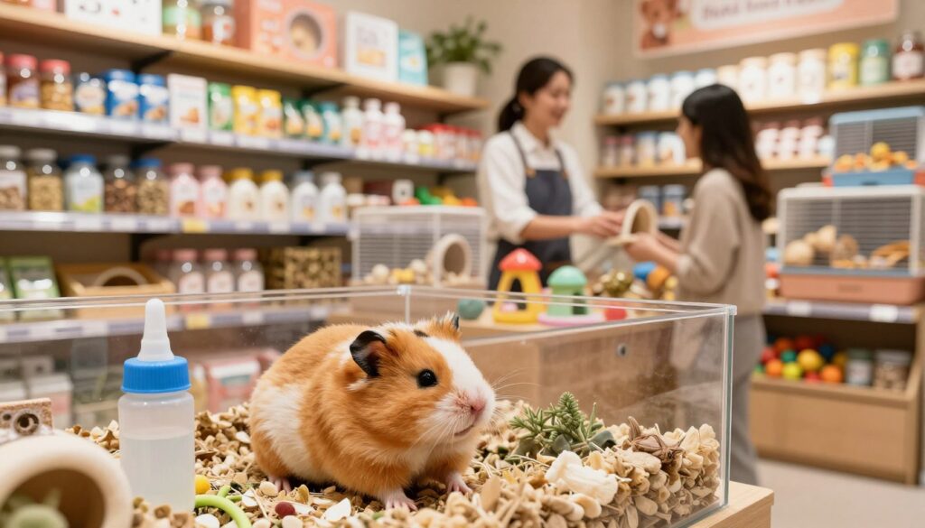 A cozy pet store interior showcasing an inviting display of Syrian hamsters in their habitats. In the foreground, a healthy, fluffy Syrian hamster is nestled in a clean enclosure with soft bedding and a small water bottle, exuding cuteness and vitality. The middle ground features shelves lined with various pet supplies like cages, food, and toys, illustrating a well-stocked store. In the background, a well-dressed shopkeeper, wearing a professional outfit, assists a customer, creating a friendly and informative atmosphere. Soft, warm lighting illuminates the space, highlighting the vibrant colors of the hamster and the accessories. The mood is positive and welcoming, emphasizing a safe and trustworthy environment for potential hamster buyers. A cozy pet store interior showcasing an inviting display of Syrian hamsters in their habitats. In the foreground, a healthy, fluffy Syrian hamster is nestled in a clean enclosure with soft bedding and a small water bottle, exuding cuteness and vitality. The middle ground features shelves lined with various pet supplies like cages, food, and toys, illustrating a well-stocked store. In the background, a well-dressed shopkeeper, wearing a professional outfit, assists a customer, creating a friendly and informative atmosphere. Soft, warm lighting illuminates the space, highlighting the vibrant colors of the hamster and the accessories. The mood is positive and welcoming, emphasizing a safe and trustworthy environment for potential hamster buyers.