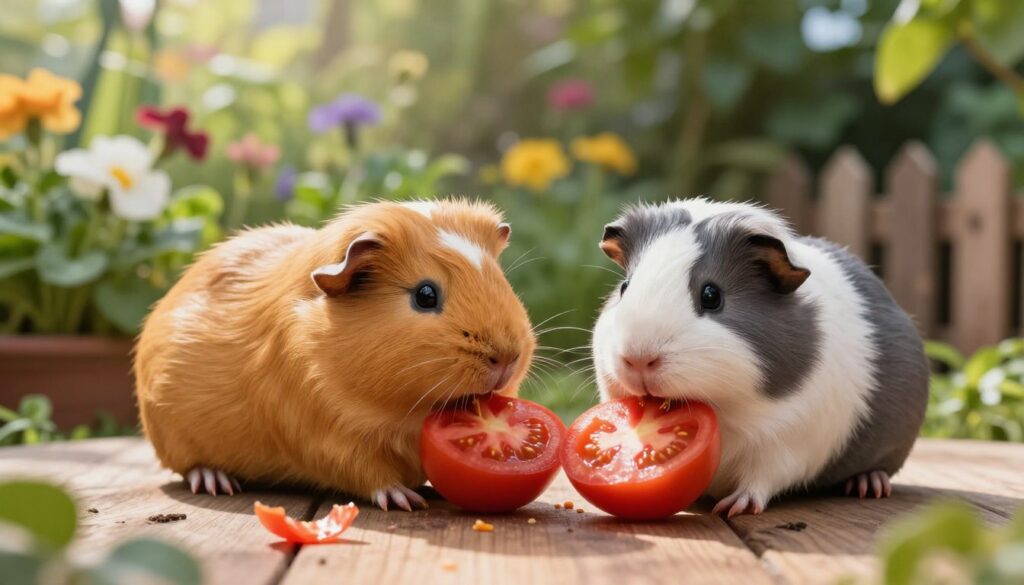 A cozy scene featuring a pair of adorable guinea pigs, one with a soft, golden coat and the other with a smooth, grey-and-white patchwork fur, playfully nibbling on slices of ripe, juicy tomatoes placed on a natural wood surface. In the foreground, there are scattered small pieces of tomato skin and seeds to emphasize the dietary context. The middle ground showcases a lush, green garden setting, filled with colorful flowers and leafy plants, softening the lighting to create a warm, serene atmosphere. The background includes gentle sunlight filtering through the leaves, casting dappled shadows, with a small, rustic wooden fence hinting at a domestic environment. The composition should illustrate a peaceful moment of guinea pigs enjoying a healthy treat, capturing the essence of curiosity and exploration. A cozy scene featuring a pair of adorable guinea pigs, one with a soft, golden coat and the other with a smooth, grey-and-white patchwork fur, playfully nibbling on slices of ripe, juicy tomatoes placed on a natural wood surface. In the foreground, there are scattered small pieces of tomato skin and seeds to emphasize the dietary context. The middle ground showcases a lush, green garden setting, filled with colorful flowers and leafy plants, softening the lighting to create a warm, serene atmosphere. The background includes gentle sunlight filtering through the leaves, casting dappled shadows, with a small, rustic wooden fence hinting at a domestic environment. The composition should illustrate a peaceful moment of guinea pigs enjoying a healthy treat, capturing the essence of curiosity and exploration.