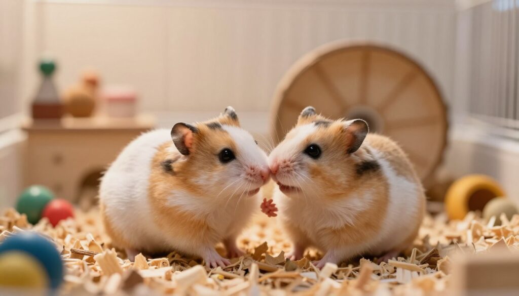 A cozy scene featuring two adorable hamsters expressing affection in a softly lit environment. In the foreground, one hamster gently nuzzles the other, with their tiny paws touching, showcasing their bond. The middle ground includes a comfortable habitat with natural elements like wood shavings, a small wheel, and colorful chew toys. In the background, a softly blurred view of a well-furnished room adds warmth, hinting at a loving home. The lighting is warm and inviting, with gentle highlights that capture the softness of their fur and the joy in their interaction, conveying a tender atmosphere. Use a macro lens effect to emphasize their cuteness, making the hamsters the focal point of the image.