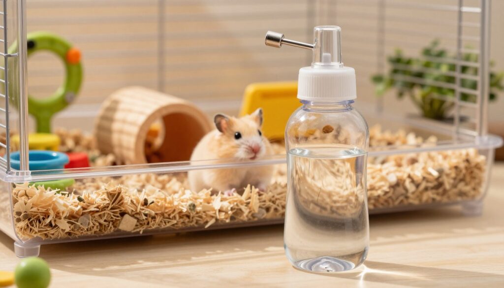 A cozy scene showcasing a hamster water bottle, designed specifically for small pets. In the foreground, a clear plastic water bottle with a metal spout is prominently displayed, filled with fresh water. The middle ground features a well-furnished hamster cage, complete with colorful chewing toys, soft bedding, and small tunnels for exploration. Warm, diffused lighting creates a friendly atmosphere, highlighting the textures of the bedding and the shiny surface of the water bottle. In the background, a blurred view of a small plant adds a touch of greenery, suggesting a natural environment. The overall mood is cheerful and inviting, emphasizing the comfort and needs of a happy hamster.