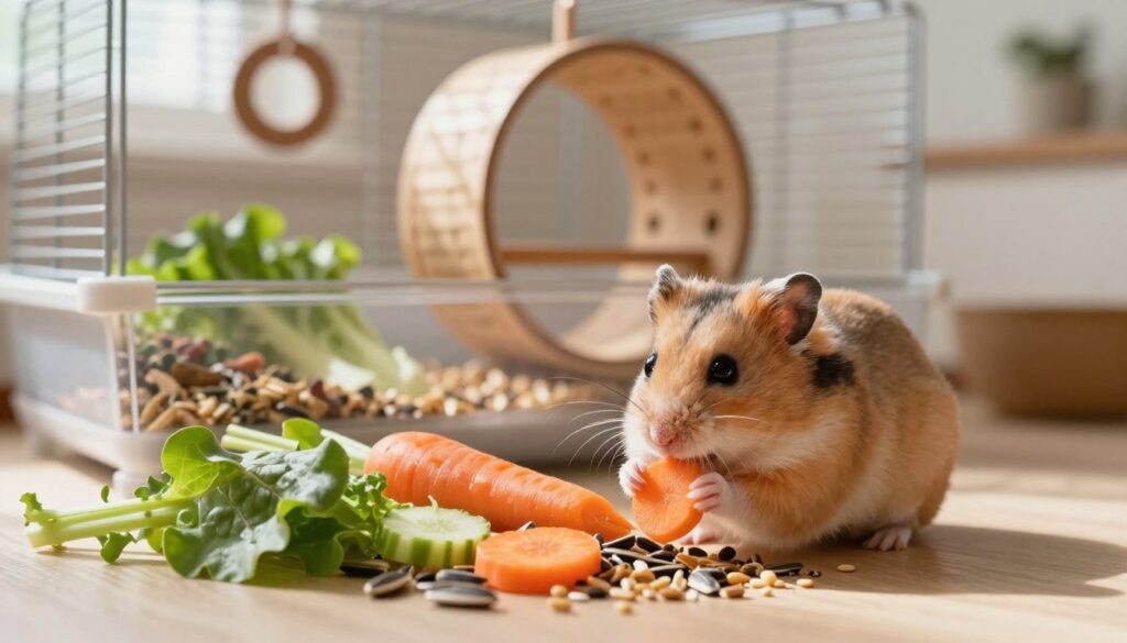 A cozy setting featuring a healthy hamster eating a variety of fresh vegetables and grains. In the foreground, the hamster is curiously nibbling on a piece of carrot, with scattered sunflower seeds and small pieces of leafy greens around it. In the middle ground, a spacious and clean hamster cage with chew toys and a wooden wheel can be seen, emphasizing a happy living environment. The background is softly blurred to create depth, showcasing a warm-toned room with natural light streaming in through a window, casting gentle shadows. The atmosphere is lively yet peaceful, conveying a sense of care and nurturing for pet hamsters. Aim for a vibrant and engaging image that highlights the theme of proper hamster diet and health.