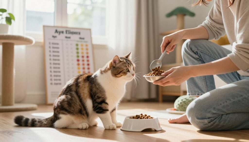A cozy setting featuring a well-groomed domestic cat in a vibrant, sunlit room. In the foreground, the cat is sitting beside a feeding bowl, looking inquisitively at its owner, a person in modest casual clothing, measuring cat food with a scoop. In the middle ground, there is a chart displaying different food portions based on age, weight, and activity levels, softly blurred to keep the focus on the cat and owner. The background features a window with soft, natural light filtering through sheer curtains, illuminating a comfortable home environment filled with cat toys and a small scratching post. The overall atmosphere is warm and inviting, highlighting the bond between pet and owner, while emphasizing the importance of appropriate feeding schedules.