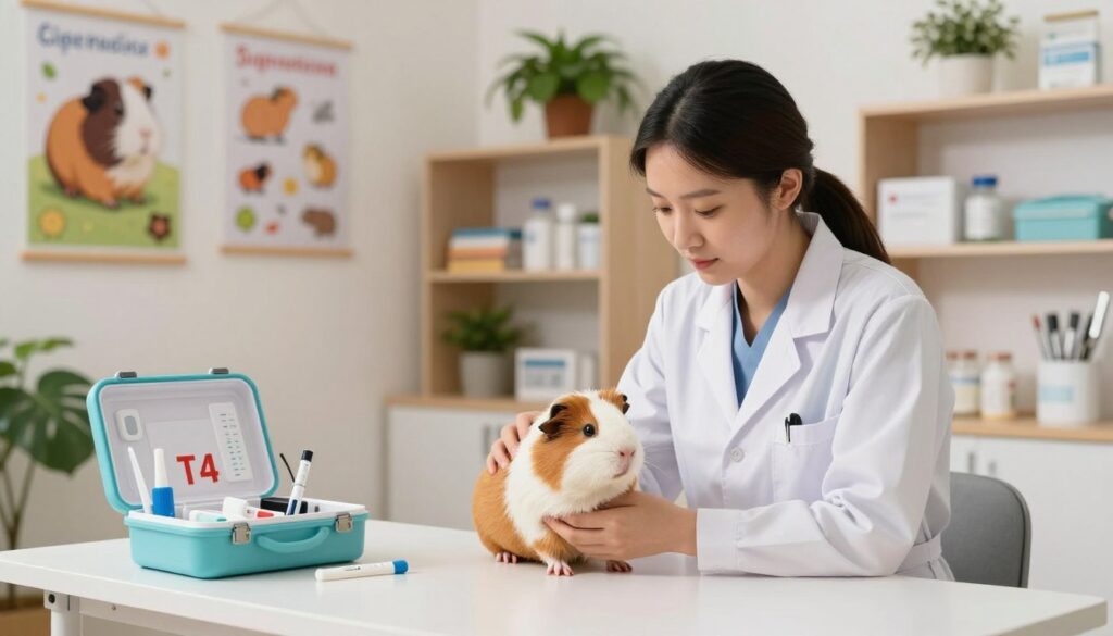 A cozy veterinary examination room with a focus on a guinea pig undergoing a T4 test. In the foreground, a caring veterinarian is gently holding the guinea pig, wearing a professional white coat. A small testing kit is visible on a nearby table, showcasing the necessary medical equipment. In the middle ground, a bright, soft lighting highlights the animals, creating a warm and reassuring atmosphere. The walls are adorned with educational posters about guinea pig health. In the background, shelves filled with veterinary supplies and plants add a touch of greenery, making the environment calming and inviting. The overall mood is one of professionalism and care, emphasizing the importance of health monitoring for pets. A cozy veterinary examination room with a focus on a guinea pig undergoing a T4 test. In the foreground, a caring veterinarian is gently holding the guinea pig, wearing a professional white coat. A small testing kit is visible on a nearby table, showcasing the necessary medical equipment. In the middle ground, a bright, soft lighting highlights the animals, creating a warm and reassuring atmosphere. The walls are adorned with educational posters about guinea pig health. In the background, shelves filled with veterinary supplies and plants add a touch of greenery, making the environment calming and inviting. The overall mood is one of professionalism and care, emphasizing the importance of health monitoring for pets.