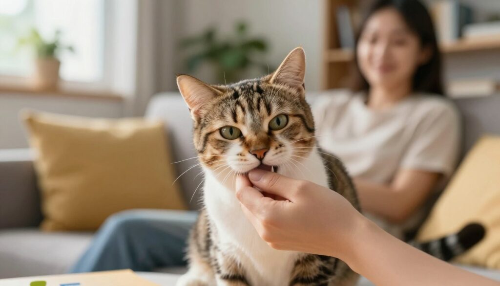 A curious domestic cat playfully nibbles on a person's hand, showcasing its playful yet mischievous demeanor. In the foreground, the hand is delicately held, with vibrant fur patterns on the cat's face visible, reflecting its personality. The middle ground features a cozy living room setting, with soft cushions and a playful atmosphere. Natural light filters through a nearby window, creating warm highlights that accentuate the cat's fur and the person's relaxed expression. The background is softly blurred, with hints of indoor plants and bookshelves, enhancing the inviting environment. The overall mood is light-hearted and educational, capturing the essence of understanding feline behavior without aggression. A curious domestic cat playfully nibbles on a person's hand, showcasing its playful yet mischievous demeanor. In the foreground, the hand is delicately held, with vibrant fur patterns on the cat's face visible, reflecting its personality. The middle ground features a cozy living room setting, with soft cushions and a playful atmosphere. Natural light filters through a nearby window, creating warm highlights that accentuate the cat's fur and the person's relaxed expression. The background is softly blurred, with hints of indoor plants and bookshelves, enhancing the inviting environment. The overall mood is light-hearted and educational, capturing the essence of understanding feline behavior without aggression.