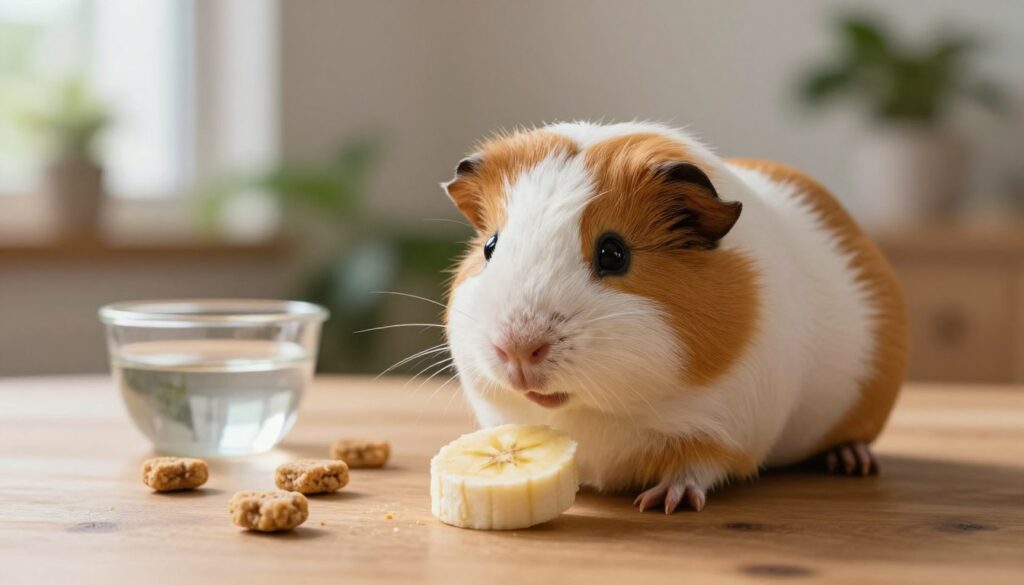 A cute and fluffy guinea pig sitting on a wooden table, curiously exploring a small slice of banana placed in front of it. The foreground features the guinea pig with its soft fur glistening under soft natural light, showcasing its expressive eyes. In the middle, a few scattered guinea pig treats and a small bowl of fresh water hint at a cozy environment. The background softly blurred includes a warm, inviting room with green plants and sunlight filtering through a window, creating a serene atmosphere. The color palette is soft and warm, evoking a sense of comfort and curiosity, perfect for a moment of pet care. A cute and fluffy guinea pig sitting on a wooden table, curiously exploring a small slice of banana placed in front of it. The foreground features the guinea pig with its soft fur glistening under soft natural light, showcasing its expressive eyes. In the middle, a few scattered guinea pig treats and a small bowl of fresh water hint at a cozy environment. The background softly blurred includes a warm, inviting room with green plants and sunlight filtering through a window, creating a serene atmosphere. The color palette is soft and warm, evoking a sense of comfort and curiosity, perfect for a moment of pet care.
