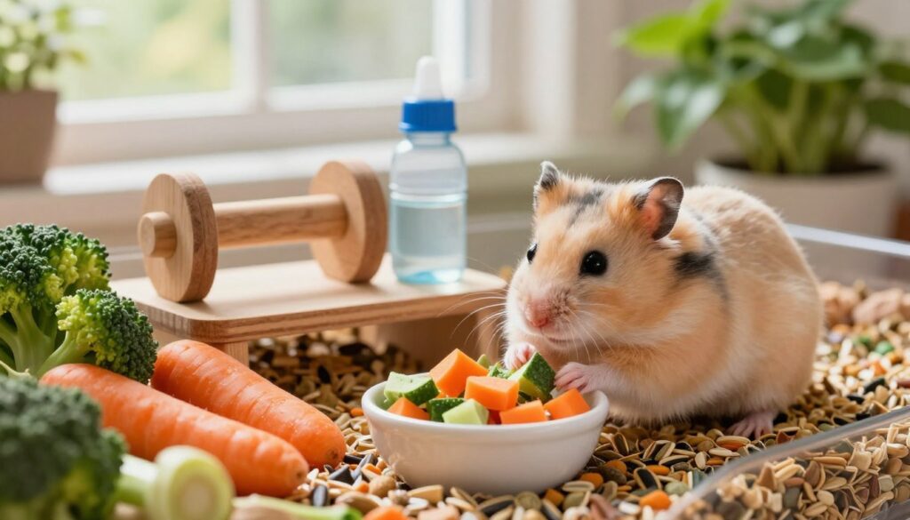 A cute and well-fed hamster sitting in a cozy, well-organized habitat, surrounded by an array of healthy foods like fresh vegetables, seeds, and specialized hamster pellets. In the foreground, the hamster curiously inspects a small bowl filled with colorful chopped carrots and broccoli. The middle layer features an elegant wooden chew toy and a small water bottle, symbolizing a balanced lifestyle. In the background, soft, natural light filters through a window, illuminating the space with a warm glow, and showcasing green plants that add a lively touch. The overall atmosphere is vibrant and cheerful, capturing the essence of a healthy diet for a pet hamster while promoting a sense of care and attention. A cute and well-fed hamster sitting in a cozy, well-organized habitat, surrounded by an array of healthy foods like fresh vegetables, seeds, and specialized hamster pellets. In the foreground, the hamster curiously inspects a small bowl filled with colorful chopped carrots and broccoli. The middle layer features an elegant wooden chew toy and a small water bottle, symbolizing a balanced lifestyle. In the background, soft, natural light filters through a window, illuminating the space with a warm glow, and showcasing green plants that add a lively touch. The overall atmosphere is vibrant and cheerful, capturing the essence of a healthy diet for a pet hamster while promoting a sense of care and attention.