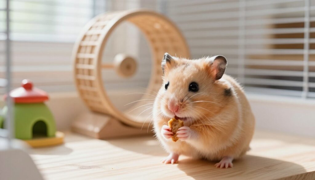 A cute, fluffy Syrian hamster sitting in a cozy, well-lit habitat. The hamster is featured prominently in the foreground, with its wide eyes and small paws delicately holding a piece of food. In the middle ground, a small wheel and colorful toys are arranged neatly in its cage, conveying a playful atmosphere. The background shows a soft-focus view of a peaceful room with natural light streaming in through a window, creating a warm, inviting ambiance. The image should capture the essence of a happy pet, emphasizing its lively nature and lifespan curiosity. The scene is bright and cheerful, evoking a sense of affection and care for small animals, with a shallow depth of field blurring the background softly.