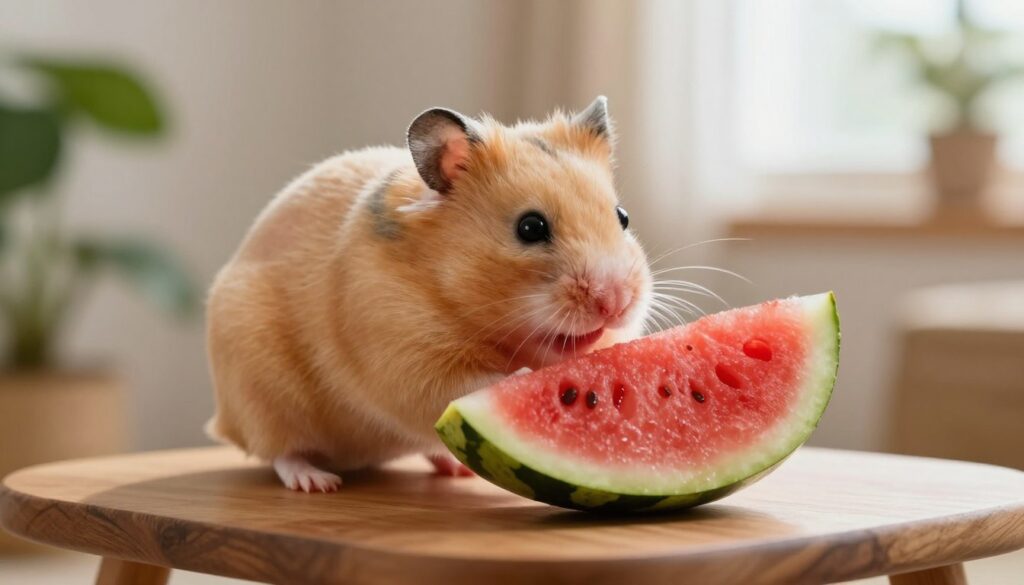 A cute, fluffy hamster sitting on a small wooden table, curiously investigating a slice of bright red watermelon placed in front of it. The hamster has soft, golden-brown fur with tiny white patches, showcasing its adorable round eyes. In the background, a cozy, softly lit room with warm light filtering through a nearby window, giving a gentle glow to the scene. A few green leafy plants can be seen in soft focus, adding to the natural and inviting atmosphere. The image captures a moment of curiosity and care, highlighting the proper way to introduce watermelon to a pet hamster. The composition should be close-up, focusing on the hamster and the watermelon, with a gentle depth of field. A cute, fluffy hamster sitting on a small wooden table, curiously investigating a slice of bright red watermelon placed in front of it. The hamster has soft, golden-brown fur with tiny white patches, showcasing its adorable round eyes. In the background, a cozy, softly lit room with warm light filtering through a nearby window, giving a gentle glow to the scene. A few green leafy plants can be seen in soft focus, adding to the natural and inviting atmosphere. The image captures a moment of curiosity and care, highlighting the proper way to introduce watermelon to a pet hamster. The composition should be close-up, focusing on the hamster and the watermelon, with a gentle depth of field.