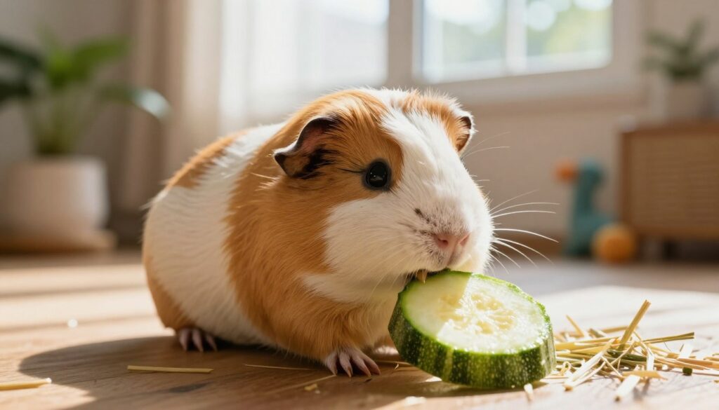 A cute guinea pig happily nibbling on a slice of fresh zucchini. In the foreground, the guinea pig's fluffy fur appears soft and detailed, with bright, expressive eyes. The zucchini slice, vibrant green and glistening with moisture, lies next to a small heap of hay. In the middle ground, a serene, cozy indoor setting is visible, featuring soft sunlight streaming through a window, casting gentle shadows. The background includes a blurred glimpse of a peaceful room with houseplants and pet toys, creating a warm atmosphere. The lighting is soft and inviting, enhancing the overall feel of a nurturing space for pets. The composition captures a moment of joy and health, reflecting the delightful relationship between the guinea pig and its fresh, safe treat. A cute guinea pig happily nibbling on a slice of fresh zucchini. In the foreground, the guinea pig's fluffy fur appears soft and detailed, with bright, expressive eyes. The zucchini slice, vibrant green and glistening with moisture, lies next to a small heap of hay. In the middle ground, a serene, cozy indoor setting is visible, featuring soft sunlight streaming through a window, casting gentle shadows. The background includes a blurred glimpse of a peaceful room with houseplants and pet toys, creating a warm atmosphere. The lighting is soft and inviting, enhancing the overall feel of a nurturing space for pets. The composition captures a moment of joy and health, reflecting the delightful relationship between the guinea pig and its fresh, safe treat.