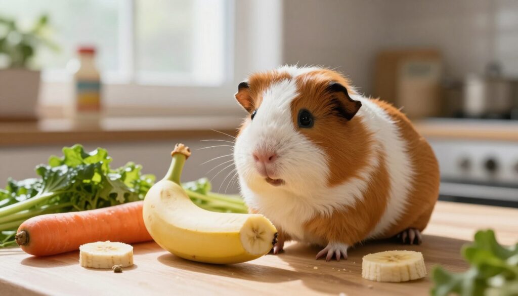 A cute guinea pig sitting next to a sliced banana in a visually engaging kitchen setting, emphasizing the theme of health risks associated with feeding fruits to pets. In the foreground, the guinea pig looks curiously at the banana slice, surrounded by scattered fresh vegetables like carrots and leafy greens to represent a balanced diet. The middle ground features soft, natural light coming from a nearby window, casting gentle shadows and adding warmth to the scene. In the background, a blurred image of a kitchen countertop with pet care items creates a homey atmosphere. The mood is cautionary yet friendly, showcasing the potential health risks, such as obesity and digestive issues, while maintaining an inviting feel. A cute guinea pig sitting next to a sliced banana in a visually engaging kitchen setting, emphasizing the theme of health risks associated with feeding fruits to pets. In the foreground, the guinea pig looks curiously at the banana slice, surrounded by scattered fresh vegetables like carrots and leafy greens to represent a balanced diet. The middle ground features soft, natural light coming from a nearby window, casting gentle shadows and adding warmth to the scene. In the background, a blurred image of a kitchen countertop with pet care items creates a homey atmosphere. The mood is cautionary yet friendly, showcasing the potential health risks, such as obesity and digestive issues, while maintaining an inviting feel.