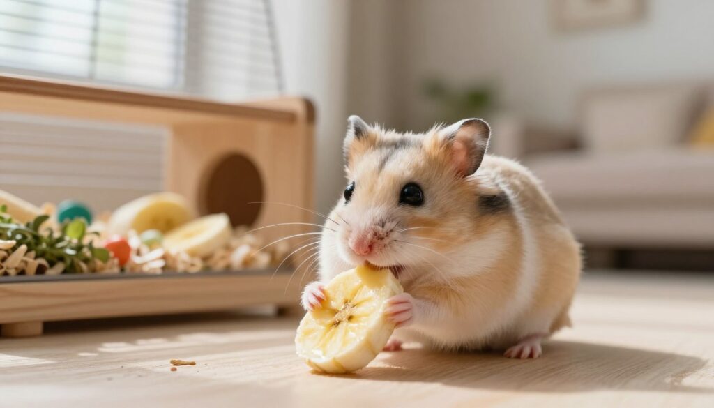 A cute hamster delicately nibbling on a small slice of banana, set against a cozy and well-lit home environment. In the foreground, the hamster is the focal point, showcasing its soft fur and expressive eyes. The banana slice is vibrant yellow, contrasting with the hamster's beige and white colors. In the middle ground, a small wooden cage filled with fresh bedding and a few scattered toys adds context, emphasizing the hamster’s playful nature. The background features a blurred view of a warm, inviting room, softly illuminated by natural daylight filtering through a nearby window. The atmosphere is warm and nurturing, highlighting the theme of pet care with a focus on healthy treats.