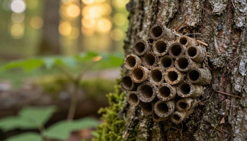 A detailed and close-up view of a "gniazda zadrzechnia" (wood-boring bee nest) set in a natural forest environment. In the foreground, display intricate patterns of the nest, showcasing the hollowed-out timber and corridors that the zadrzechnia creates within the wood. The middle ground should feature textured tree bark, emphasizing the natural habitat, with hints of moss and green foliage surrounding the nest. In the background, create a soft blur of a sunlit forest, filtering warm golden light through the trees, enhancing the atmosphere of tranquility and nature. The overall mood is serene yet vibrant, highlighting the unique architecture of the nest while capturing the essence of the bee's environment. Use a macro lens effect to bring out the details while conveying a sense of depth.
