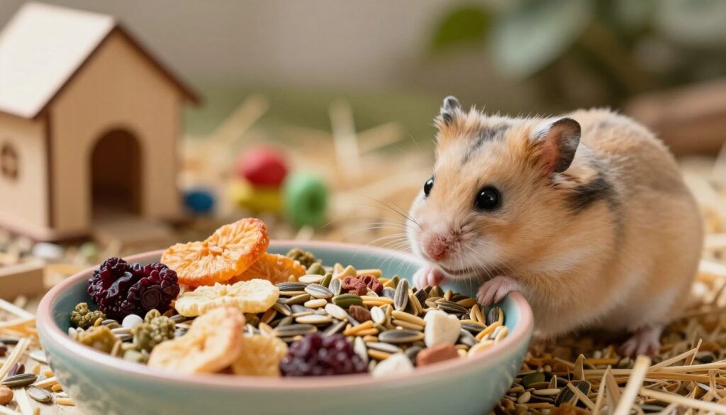 A detailed and colorful close-up of a variety of hamster food, showcasing mixed seeds, pellets, and dried fruits, arranged in a vibrant ceramic bowl. In the foreground, a small, fluffy Dzungarian hamster curiously sniffs at the food, with its tiny paws reaching towards the bowl. The middle ground features soft straw, scattered seeds, and a cozy habitat environment, including a small wooden house and colorful chew toys. In the background, a softly blurred natural setting with gentle, warm lighting creates an inviting atmosphere, reminiscent of a hamster's cozy living space. The composition is intimate, focusing on the hamster's playful demeanor and the nutritious food options, conveying a sense of care and well-being.