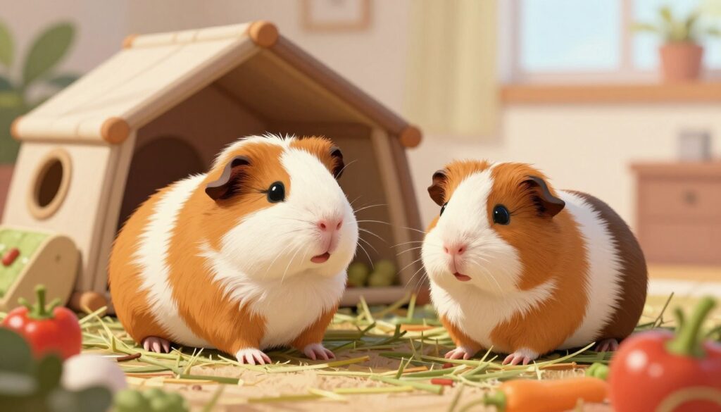 A detailed and vibrant illustration of two guinea pigs, one male and one female, showcasing their distinct behaviors and characteristics. In the foreground, the male guinea pig is slightly larger with a braver, curious demeanor, while the female has a calm and gentle disposition. Place them on soft bedding, surrounded by fresh hay and colorful fresh vegetables. In the middle ground, incorporate a cozy habitat with a small, stylish enclosure that features tunnels and toys. The background should be softly blurred, suggesting a warm, inviting room with natural light filtering in through a window, casting gentle shadows. The overall mood should be serene and playful, highlighting the differences in behavior and nature between the male and female guinea pigs.