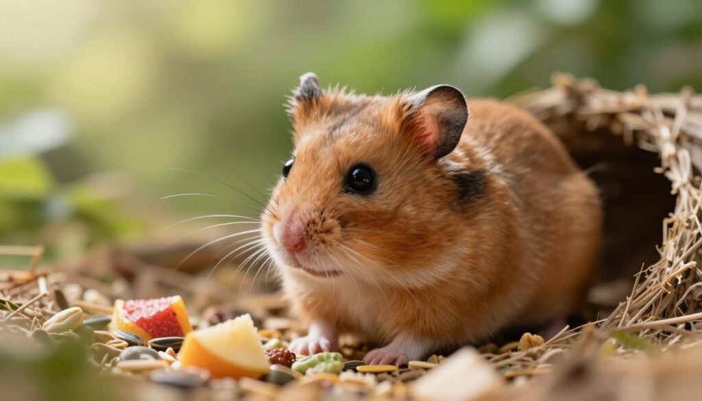 A detailed close-up of a Dzungarian hamster, showcasing its unique features like its buff-colored fur, tiny ears, and expressive black eyes. The hamster is sitting on soft, natural bedding inside a cozy burrow, surrounded by small colorful pieces of fruit and seeds, which symbolize its diet. In the background, a blurred, lush green setting evokes a natural habitat, with soft sunlight filtering through, casting a warm glow over the scene. The atmosphere is tranquil and inviting, highlighting the life and vitality of the hamster, while also hinting at themes of aging through the gentle softness of the lighting. The angle is slightly tilted to give depth, resembling a view from a slightly elevated position, emphasizing the hamster's charm and unique characteristics.