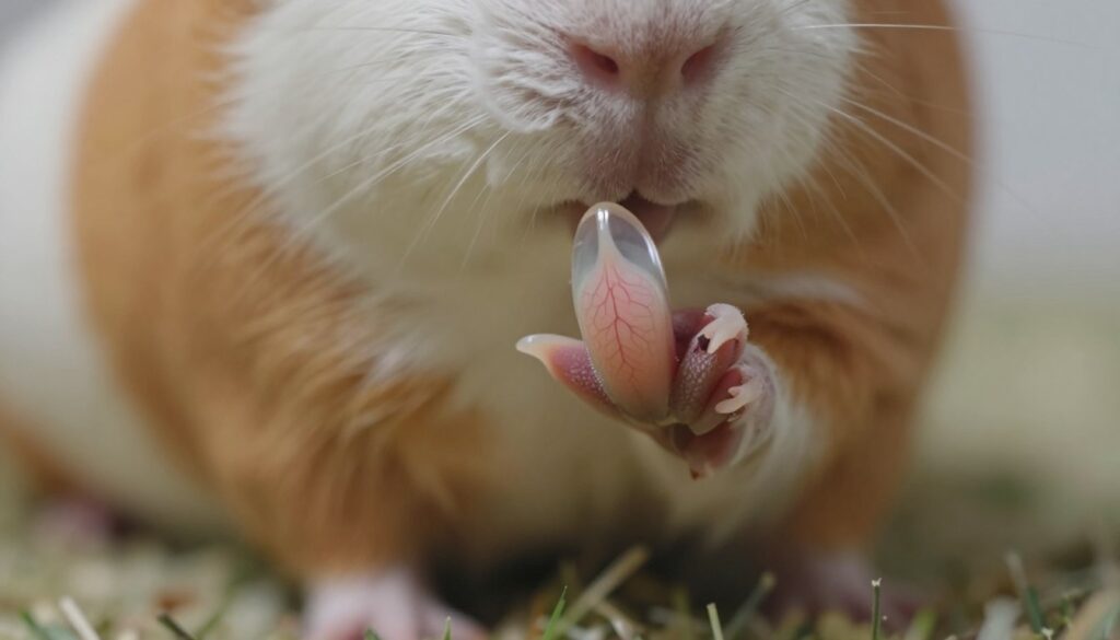 A detailed close-up of a guinea pig's claw showcasing its structure, with the claw positioned prominently in the foreground. The claw should be well-lit to highlight the transparency of the keratin and the blood vessel that defines the safe cutting area. Use a soft, diffused lighting setup to create a gentle illumination, emphasizing the textures of the claw's surface. The background should be softly blurred to keep the focus on the claw while featuring hints of natural elements like soft bedding or grass, creating a cozy, pet-friendly atmosphere. The composition should convey a sense of care and precision, highlighting the importance of safe nail trimming in a serene, calming setting.