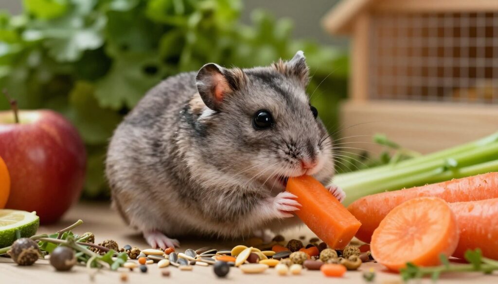 A detailed close-up of a healthy, happy Dzungarian hamster sitting on a bed of colorful, fresh fruits and vegetables, symbolizing a balanced diet. The hamster, with its fluffy gray fur and bright black eyes, is curiously nibbling on a piece of carrot. Surrounding it are scattered seeds, dried herbs, and small pellets, emphasizing nutritional variety. In the background, softly blurred, lush green foliage creates a natural habitat atmosphere, and hints of a cozy wooden cage enhance the domestic setting. The lighting is warm and inviting, casting gentle shadows that highlight the hamster's adorable features. The angle is slightly tilted towards the hamster's face, drawing viewers into the subject's delightful meal. The overall mood is cheerful and nurturing, reflecting the importance of proper nutrition for a long, healthy life.