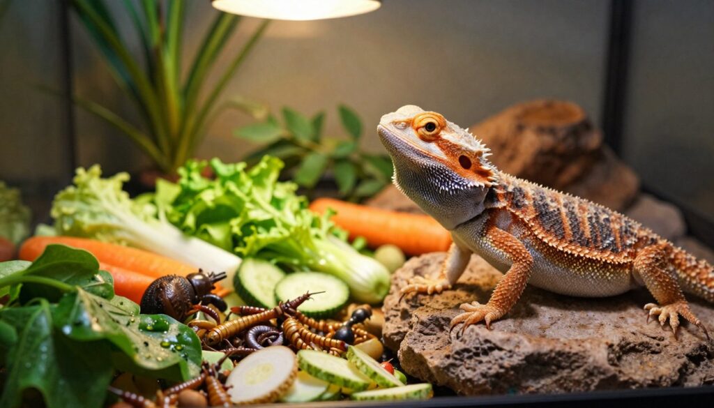 A detailed, close-up view of a bearded dragon (agama brodata) surrounded by various age-appropriate foods in a terrarium setting. In the foreground, show the dragon basking on a rock, exhibiting natural textures and colors of its skin. In the middle, display a variety of insects, leafy greens, and vegetables, illustrating a balanced diet according to the lizard's age. The background features a naturalistic terrarium scene, with plants and a heat lamp casting warm, inviting light. Use a shallow depth of field to focus on the bearded dragon and its diet, creating a warm, educational atmosphere that highlights the importance of proper nutrition for reptiles. The image should feel vibrant and engaging, suitable for an informative article.