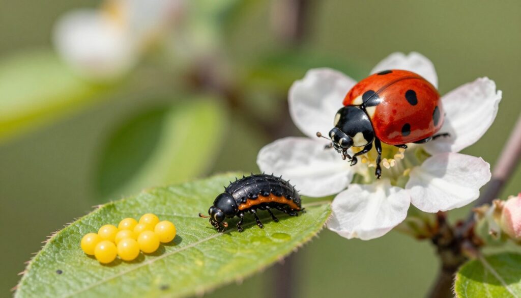A detailed depiction of the life cycle of a ladybug, showing three distinct stages: the vibrant yellow eggs nestled on a green leaf in the foreground, the small, black and orange larvae with a spiky appearance in the middle, and the mature ladybug (imago) with its iconic red shell adorned with black spots, gracefully perched on a blossoming flower in the background. The scene is bathed in soft, natural sunlight filtering through the leaves, casting gentle shadows that create a serene, educational atmosphere. The angle captures all three stages, harmoniously arranged to showcase the transformation. The setting is a lush garden in Poland, illustrating the life cycle vividly, while maintaining clarity and detail without distractions or text.