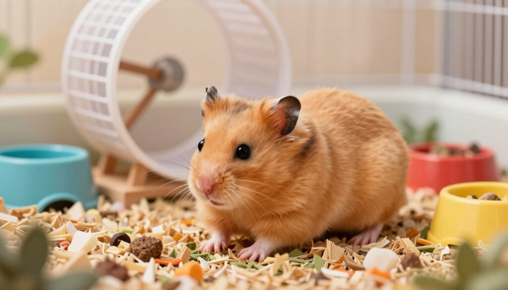 A detailed illustration of a Syrian hamster, showcasing its distinctive features such as its golden-brown fur, large black eyes, and small paws. In the foreground, the hamster is curiously exploring a colorful habitat filled with bedding material and a small wheel for exercise. The middle background includes a cozy enclosure with various chew toys and food bowls. Soft, warm lighting enhances the natural colors of the hamster, creating a friendly and inviting atmosphere. The depth of field blurs the background slightly, emphasizing the hamster in sharp focus. The overall mood is playful and lively, perfectly capturing the essence of a pet hamster in its environment. No text, watermarks, or signatures are present in the image.