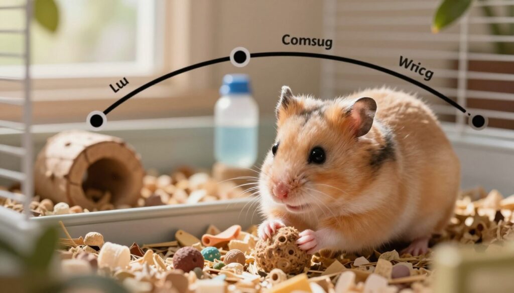 A detailed illustration of a female hamster in a cozy, natural habitat, highlighting her reproductive cycle. In the foreground, focus on the hamster engaging in typical behaviors, such as nesting or interacting with small toys. The middle ground features a small hamster cage filled with bedding, chew toys, and a water bottle, showcasing a warm and inviting environment. In the background, soft lighting filters through a window, casting gentle shadows and creating a serene atmosphere. The overall mood should be calm and informative, emphasizing the hamster's natural behaviors during its reproductive cycle. Aim for a close-up perspective to capture the hamster's features and expressions clearly. A detailed illustration of a female hamster in a cozy, natural habitat, highlighting her reproductive cycle. In the foreground, focus on the hamster engaging in typical behaviors, such as nesting or interacting with small toys. The middle ground features a small hamster cage filled with bedding, chew toys, and a water bottle, showcasing a warm and inviting environment. In the background, soft lighting filters through a window, casting gentle shadows and creating a serene atmosphere. The overall mood should be calm and informative, emphasizing the hamster's natural behaviors during its reproductive cycle. Aim for a close-up perspective to capture the hamster's features and expressions clearly.