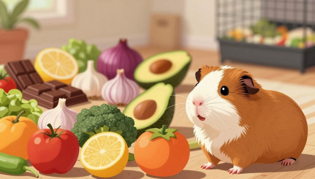 A detailed illustration of a guinea pig surrounded by common foods that are harmful to them, such as chocolate, onion, garlic, and avocados. In the foreground, the guinea pig is depicted with a curious expression, one paw raised, as it looks at an array of brightly colored fruits and vegetables that are prohibited. The middle layer features a table or surface cluttered with these forbidden foods, emphasizing a range of shapes and vibrant colors. The background is softly blurred, suggesting a cozy living space, perhaps with a small pet cage or bedding visible. Warm, natural lighting illuminates the scene, creating an inviting atmosphere that highlights the importance of pet care. The image conveys a sense of caution and education without any text or distractions.
