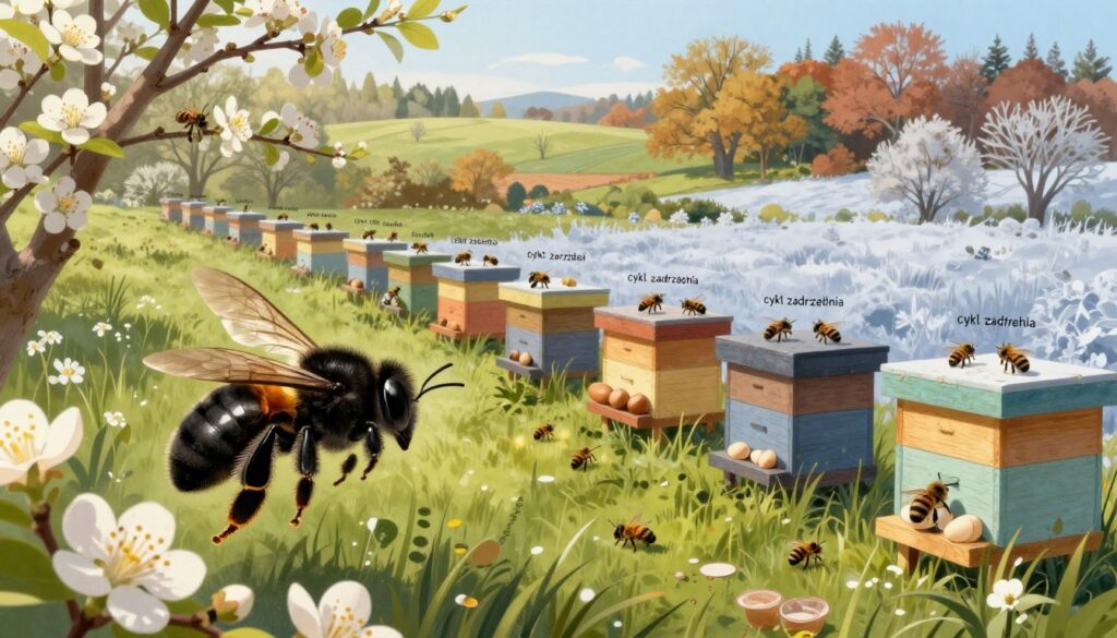 A detailed illustration of the life cycle of the black bee (cykl zadrzechnia) throughout the seasons. In the foreground, depict a black bee in mid-flight, showcasing its glossy body and vibrant wings, surrounded by blooming flowers during spring. In the middle ground, show a hive filled with busy bees and the various stages of their life cycle: eggs, larvae, pupae, and adult bees. The background should portray a lush landscape transitioning from vibrant spring blossoms to warm summer greens, then fading into autumn colors, and finally a chilly winter scene with frost. Use soft, natural lighting to enhance the scene, simulating a gentle, warm sunlight filtering through leaves, evoking a sense of tranquility and interconnectedness in nature.