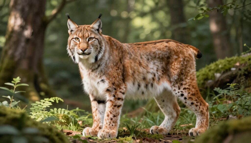 A detailed illustration showcasing the body structure and proportions of a wildcat, specifically a Eurasian lynx (Lynx lynx), set in a natural habitat. In the foreground, feature a frontal view of the lynx, highlighting its muscular build, tufted ears, and distinct facial markings, with its body positioned in a poised stance to emphasize its athletic physique. The middle ground should include elements of the lush forest environment, such as trees and underbrush, softly illuminated by dappled sunlight, enhancing the vibrant colors of the lynx’s fur. The background can consist of blurred foliage to create depth, evoking a serene atmosphere. Utilize natural lighting to cast gentle shadows, capturing the lynx's graceful yet powerful presence in its habitat. A detailed illustration showcasing the body structure and proportions of a wildcat, specifically a Eurasian lynx (Lynx lynx), set in a natural habitat. In the foreground, feature a frontal view of the lynx, highlighting its muscular build, tufted ears, and distinct facial markings, with its body positioned in a poised stance to emphasize its athletic physique. The middle ground should include elements of the lush forest environment, such as trees and underbrush, softly illuminated by dappled sunlight, enhancing the vibrant colors of the lynx’s fur. The background can consist of blurred foliage to create depth, evoking a serene atmosphere. Utilize natural lighting to cast gentle shadows, capturing the lynx's graceful yet powerful presence in its habitat.