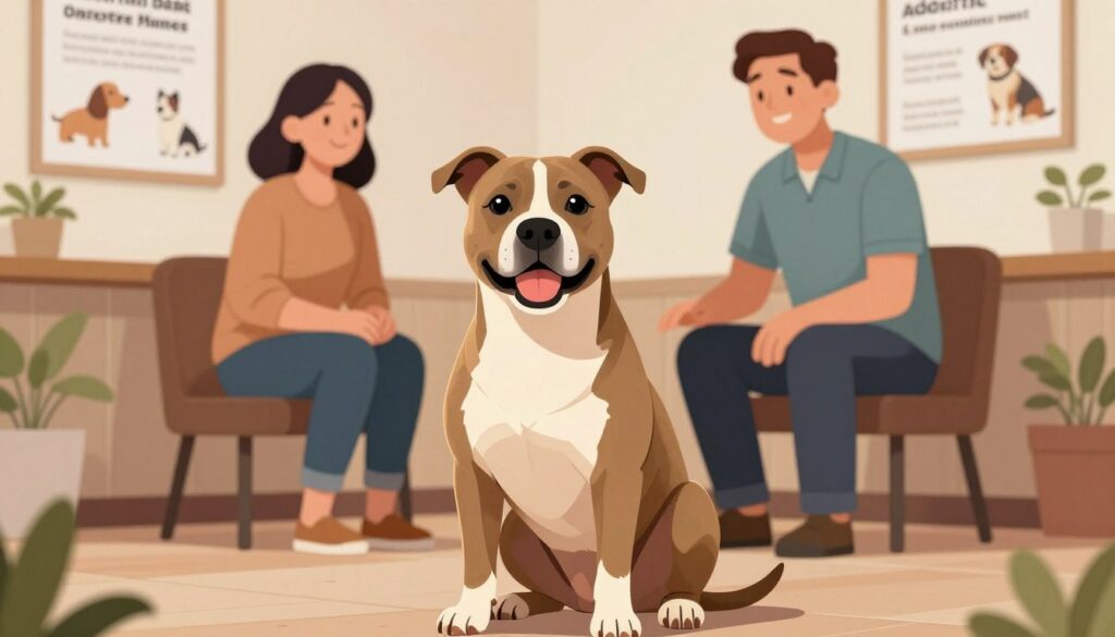 A detailed illustration showing a professional setting for adopting an American Staffordshire Terrier (Amstaff). In the foreground, depict a well-groomed Amstaff sitting calmly, with a friendly expression, showcasing its strong build and distinct features like a short coat and muscular physique. In the middle ground, include a cozy adoption center featuring a knowledgeable staff member wearing smart casual clothing, gently interacting with the dog. Surrounding them, soft lighting creates a welcoming atmosphere. In the background, display informative posters on dog care and adoption guidelines, subtly emphasizing responsible pet ownership. The scene evokes a sense of warmth, hope, and connection between humans and dogs, highlighting the importance of preparation and understanding before adopting an Amstaff.