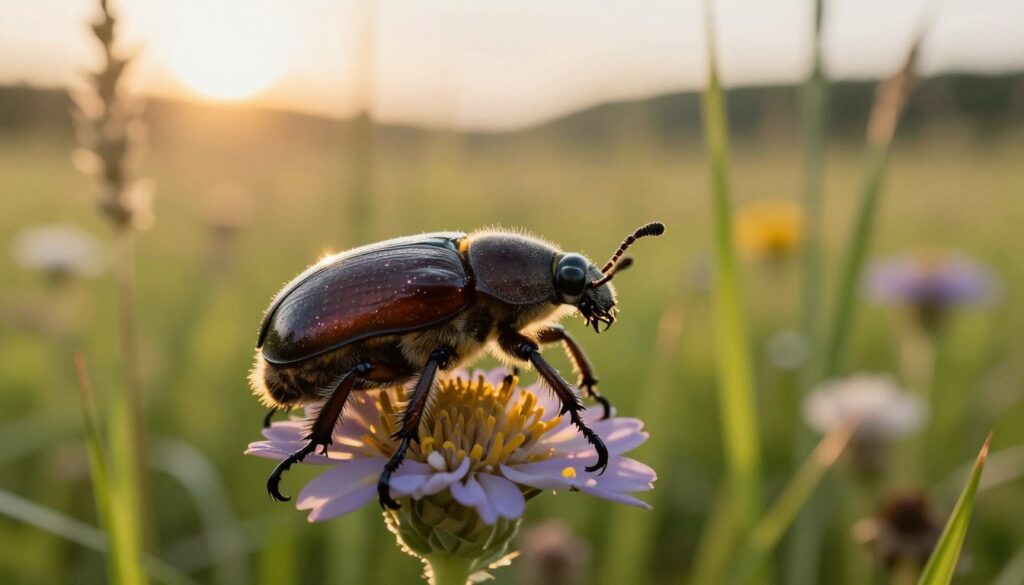 A detailed image of a "May beetle" (chrabąszcz majowy) in a lush green meadow during golden hour, capturing the intricate features of its glossy, dark brown exoskeleton with delicate iridescent highlights. The foreground should showcase the beetle perched on a vibrant flower, highlighting its large hairy legs and distinctive antennae. In the middle ground, soft-focus grasses and wildflowers create a rich tapestry of colors, while the background features a blurred, sun-drenched landscape with gentle hills and a warm, hazy sky. The lighting should be warm and inviting, casting a gentle glow that emphasizes the beetle's texture. This serene and natural setting conveys the life cycle of this fascinating insect, evoking a sense of wonder and connection to nature.