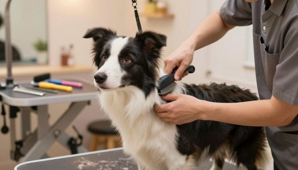 A detailed scene of a border collie undergoing grooming, showcasing its beautiful thick coat being brushed. In the foreground, a groomer gently brushes the dog's fur, highlighting the dog's expressive eyes and erect ears. The groomer is wearing a simple but professional outfit, emphasizing cleanliness and care. In the middle, there is a grooming table with various grooming tools, such as brushes and combs, organized neatly. The background features a cozy, well-lit grooming salon with soft, warm lighting, creating an inviting atmosphere. The mood is calm and caring, capturing the importance of maintaining a border collie's health through proper fur care, with the focus entirely on the grooming process.