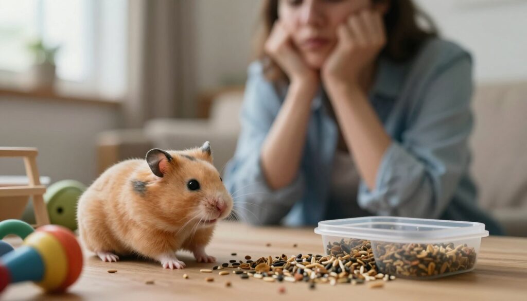 A detailed scene showcasing common mistakes made by caregivers when handling a Syrian hamster. In the foreground, a confused hamster sits in an improperly arranged habitat, with too many toys cluttering the space. Beside it, an open food container spills excess seeds, emphasizing poor feeding practices. In the middle ground, a caregiver, dressed in casual but neat clothing, observes the hamster nervously, illustrating the anxiety often felt by inexperienced handlers. The background features a warm, cozy room setting with soft, natural light filtering through a window, creating a calm atmosphere. The lens should capture a close-up angle to highlight the interactions, conveying a mood of both concern and affection. The overall image should effectively illustrate the challenges faced by new hamster owners.