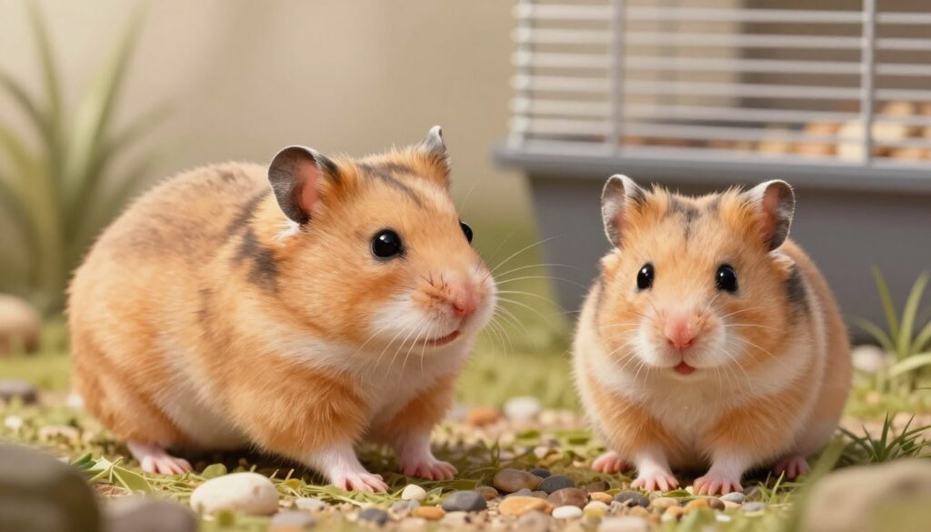 A detailed, side-by-side illustration of a male and female hamster, showcasing their body structure differences. In the foreground, the male hamster is slightly larger, displaying a robust build and prominent cheek pouches, with distinctive fur patterns. The female hamster appears smaller, with a slightly different body shape and a gentler posture. In the middle ground, both hamsters are positioned against a soft, natural setting with soft grasses and small pebbles, providing a realistic habitat. The background features subtle blurred elements of a hamster cage, adding context without distraction. Use soft, warm lighting to enhance the animals' fur textures, creating a calm atmosphere. The perspective is slightly angled, capturing both hamsters in a way that emphasizes their differences while maintaining harmony within the composition.