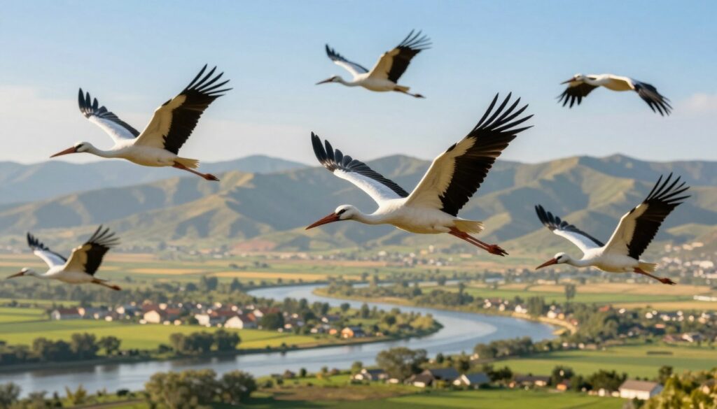 A dynamic scene showcasing a flock of white storks soaring majestically across a clear blue sky during their migration. In the foreground, several storks are depicted gracefully gliding with their long wings outstretched, showcasing their striking black and white plumage. The mid-ground features a lush, green landscape with winding rivers and scattered villages, symbolizing the storks' migratory path. In the background, distant mountains loom under bright, golden sunlight, creating a warm, inviting atmosphere. The image has a soft-focus effect to emphasize the storks while the sublime nature enhances the sense of freedom and adventure. Overall, the mood conveys the powerful journey of these birds, reflecting the challenges and beauty of their migration. A dynamic scene showcasing a flock of white storks soaring majestically across a clear blue sky during their migration. In the foreground, several storks are depicted gracefully gliding with their long wings outstretched, showcasing their striking black and white plumage. The mid-ground features a lush, green landscape with winding rivers and scattered villages, symbolizing the storks' migratory path. In the background, distant mountains loom under bright, golden sunlight, creating a warm, inviting atmosphere. The image has a soft-focus effect to emphasize the storks while the sublime nature enhances the sense of freedom and adventure. Overall, the mood conveys the powerful journey of these birds, reflecting the challenges and beauty of their migration.
