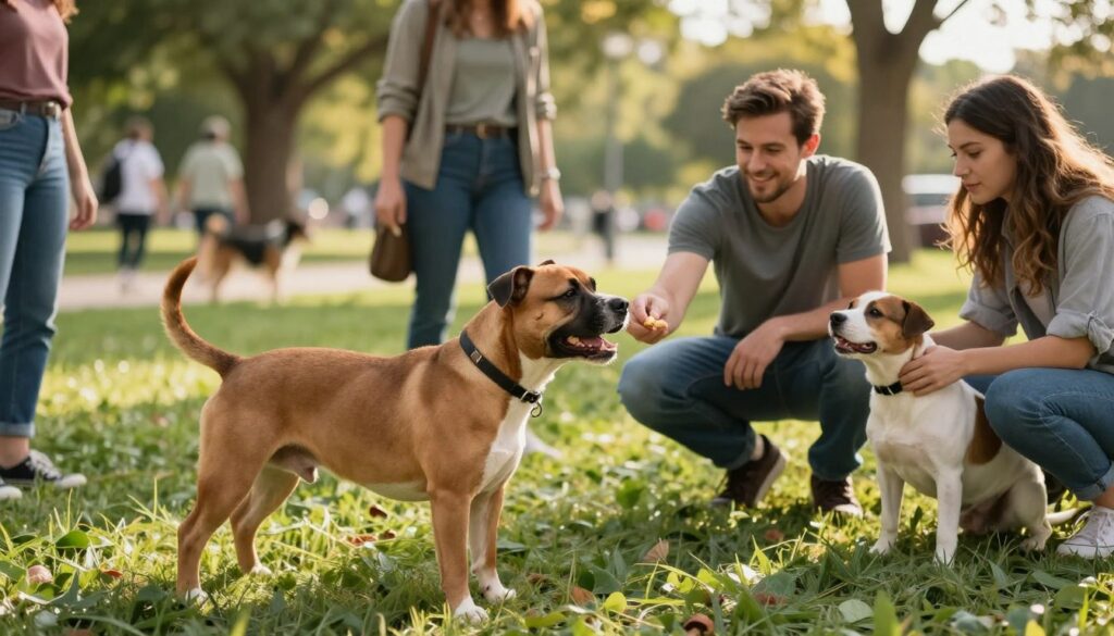 A focused scene of a well-trained American Staffordshire Terrier interacting socially with a diverse group of people in a park setting. The foreground features an enthusiastic, healthy amstaff, displaying a friendly demeanor, with its tail wagging. In the middle, a man in casual clothing kneels down to engage with the dog, offering a treat, while a woman nearby is gently petting another dog. The background includes lush greenery, trees, and a few distant figures walking dogs, contributing to an inviting atmosphere. The lighting is warm and natural, suggesting a sunny afternoon, enhancing the happy and playful mood of socialization. Use a shallow depth of field to keep the focus on the dog and the people while creating a soft blur of the background.