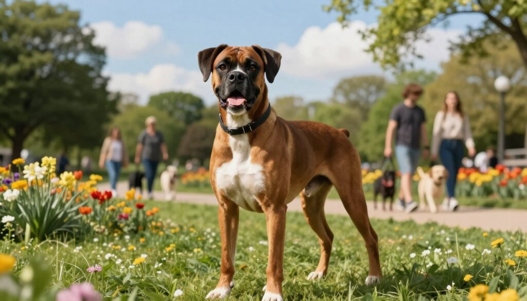 A healthy boxer dog standing proudly in a lush, green park filled with vibrant flowers and trees. The foreground features the dog with a shiny coat and bright eyes, showcasing vitality and happiness. In the middle ground, there are soft pathways where dog owners can be seen walking their pets, emphasizing community and care for pets. The background is blurred slightly to give a sense of depth, showcasing a clear blue sky with fluffy white clouds, symbolizing a carefree environment. The lighting is warm and inviting, casting gentle shadows that highlight the dog's form, creating an uplifting and serene atmosphere. The overall mood is one of health, vitality, and the importance of proper care for a long, joyful life.