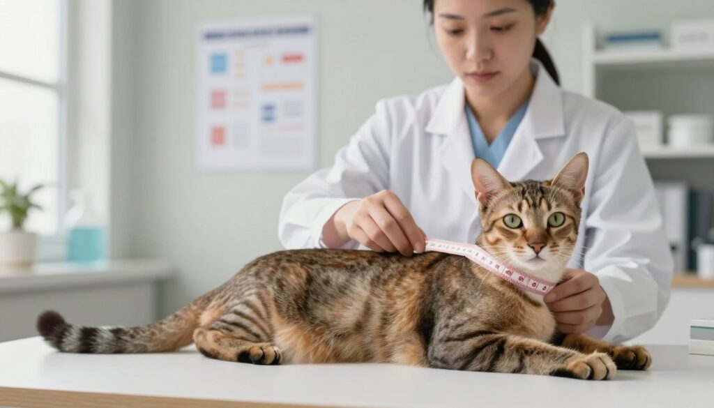 A healthy cat's body condition score assessment image. In the foreground, a sleek domestic cat with a well-defined, agile shape is lying on its side, allowing for a clear view of its body structure. Its fur is short and glossy, showcasing a healthy sheen. In the middle ground, a veterinarian gently examines the cat, using a tape measure to assess its waistline, wearing a white lab coat and focused expressions. In the background, a well-lit veterinary office with medical charts and a soft color palette creates a calm, professional atmosphere. Natural light filters through a window, casting soft shadows and enhancing the serene mood of the scene. The overall composition emphasizes the importance of monitoring a cat's body condition for health. A healthy cat's body condition score assessment image. In the foreground, a sleek domestic cat with a well-defined, agile shape is lying on its side, allowing for a clear view of its body structure. Its fur is short and glossy, showcasing a healthy sheen. In the middle ground, a veterinarian gently examines the cat, using a tape measure to assess its waistline, wearing a white lab coat and focused expressions. In the background, a well-lit veterinary office with medical charts and a soft color palette creates a calm, professional atmosphere. Natural light filters through a window, casting soft shadows and enhancing the serene mood of the scene. The overall composition emphasizes the importance of monitoring a cat's body condition for health.