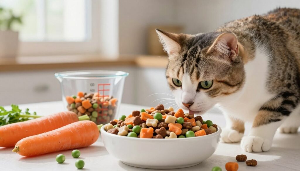 A healthy meal for a cat, featuring a bowl filled with nutritious, colorful cat food surrounded by fresh vegetables like carrots and peas. The cat food should be visually appealing, showcasing a variety of shapes and textures. In the foreground, a sleek, well-groomed cat curiously approaches the bowl, portraying a sense of hunger and interest. In the middle ground, a measuring cup indicates controlled portion sizes, symbolizing the importance of diet management. The background is a bright, cozy kitchen setting with soft, natural lighting filtering through a window, creating a warm and inviting atmosphere. The overall mood should evoke a sense of care and responsibility in pet nutrition, emphasizing the healthy lifestyle for a cat. A healthy meal for a cat, featuring a bowl filled with nutritious, colorful cat food surrounded by fresh vegetables like carrots and peas. The cat food should be visually appealing, showcasing a variety of shapes and textures. In the foreground, a sleek, well-groomed cat curiously approaches the bowl, portraying a sense of hunger and interest. In the middle ground, a measuring cup indicates controlled portion sizes, symbolizing the importance of diet management. The background is a bright, cozy kitchen setting with soft, natural lighting filtering through a window, creating a warm and inviting atmosphere. The overall mood should evoke a sense of care and responsibility in pet nutrition, emphasizing the healthy lifestyle for a cat.