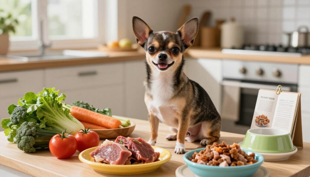 A healthy, vibrant Chihuahua sitting on a colorful, well-organized pet dining area filled with fresh, organic ingredients like vegetables, lean proteins, and specialized dog food tailored for small breeds. The Chihuahua has a shiny coat and bright eyes, emphasizing its vitality and happiness. In the background, there is a sunny kitchen with soft, natural lighting filtering through a window, casting gentle shadows. A wooden bowl, ceramic dishes, and a small collection of recipes promote balanced nutrition for dogs. The atmosphere is lively and inspiring, reflecting the importance of a good diet for longevity and health. Capture this scene from a slightly elevated angle to showcase the pet's expression and the vibrant food around it while maintaining a cozy, welcoming environment.