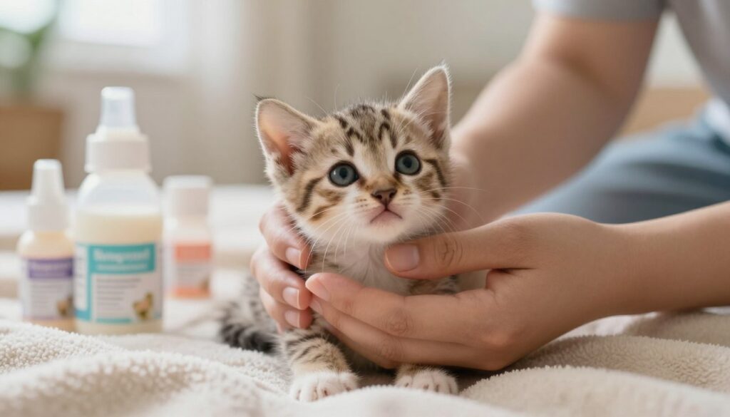 A heartwarming image of a tiny, orphaned kitten, soft and fluffy, with big, curious eyes looking up. The foreground features the kitten nestled in a soft, cozy blanket, surrounded by small bottles of kitten milk formula, emphasizing its need for care. In the middle ground, a pair of attentive hands gently cradles the kitten, showcasing the nurturing aspect of feeding an orphaned pet. The background is softly blurred, hinting at a serene indoor home setting with warm natural lighting, creating a sense of safety and warmth. The overall atmosphere is tender and caring, perfectly capturing the emotional bond between the caregiver and the vulnerable kitten. The image should evoke feelings of compassion and responsibility. A heartwarming image of a tiny, orphaned kitten, soft and fluffy, with big, curious eyes looking up. The foreground features the kitten nestled in a soft, cozy blanket, surrounded by small bottles of kitten milk formula, emphasizing its need for care. In the middle ground, a pair of attentive hands gently cradles the kitten, showcasing the nurturing aspect of feeding an orphaned pet. The background is softly blurred, hinting at a serene indoor home setting with warm natural lighting, creating a sense of safety and warmth. The overall atmosphere is tender and caring, perfectly capturing the emotional bond between the caregiver and the vulnerable kitten. The image should evoke feelings of compassion and responsibility.